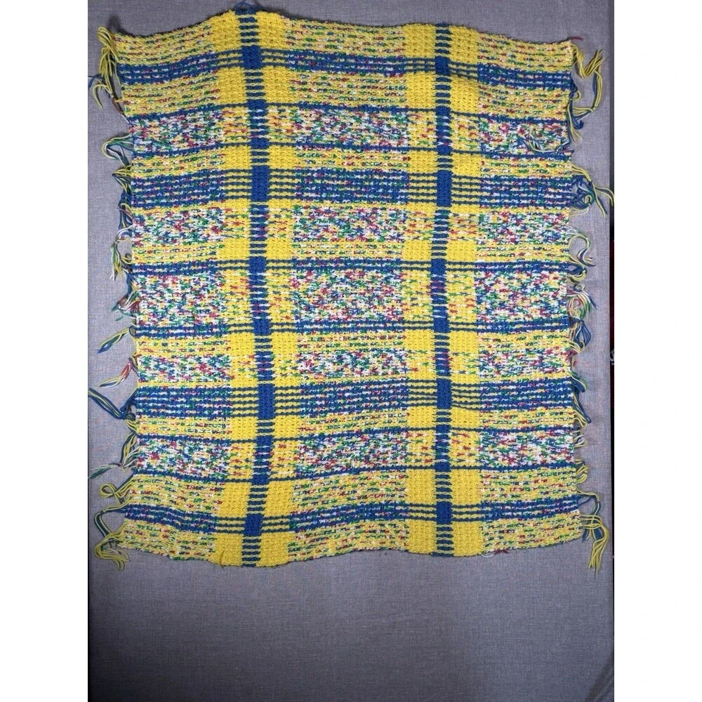 hand made grandma granny crochet Knit Blanket afghan throw 40x47 Blue Yellow